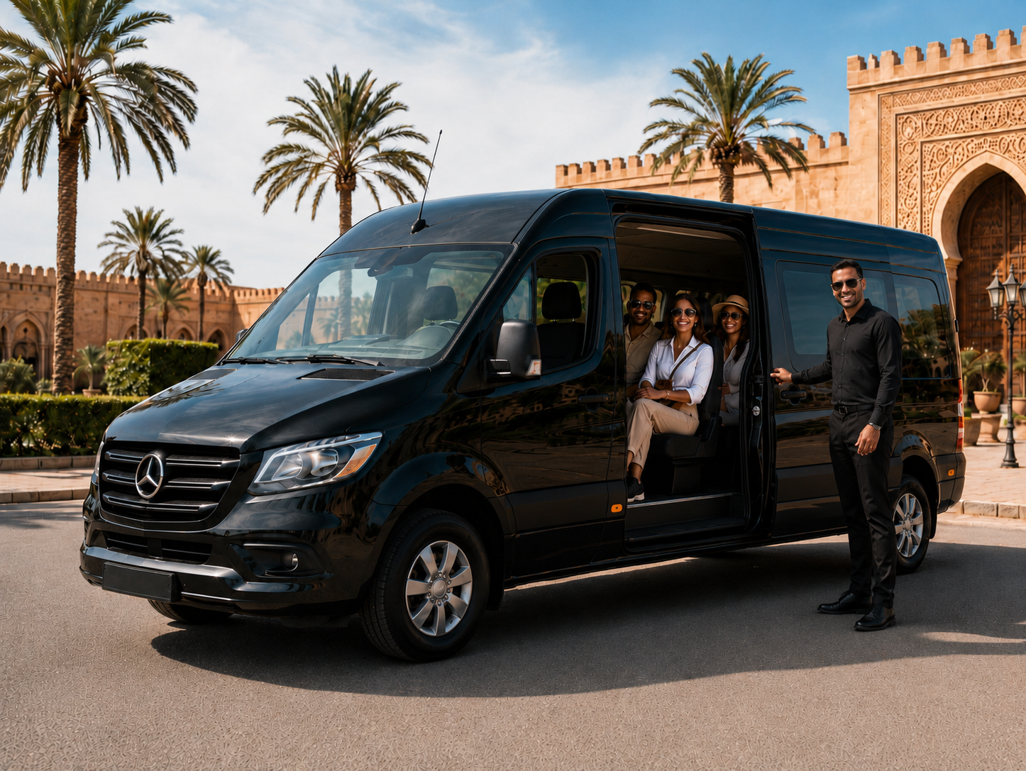 Tourists welcomed by a MoroRide driver beside a premium van in Morocco
